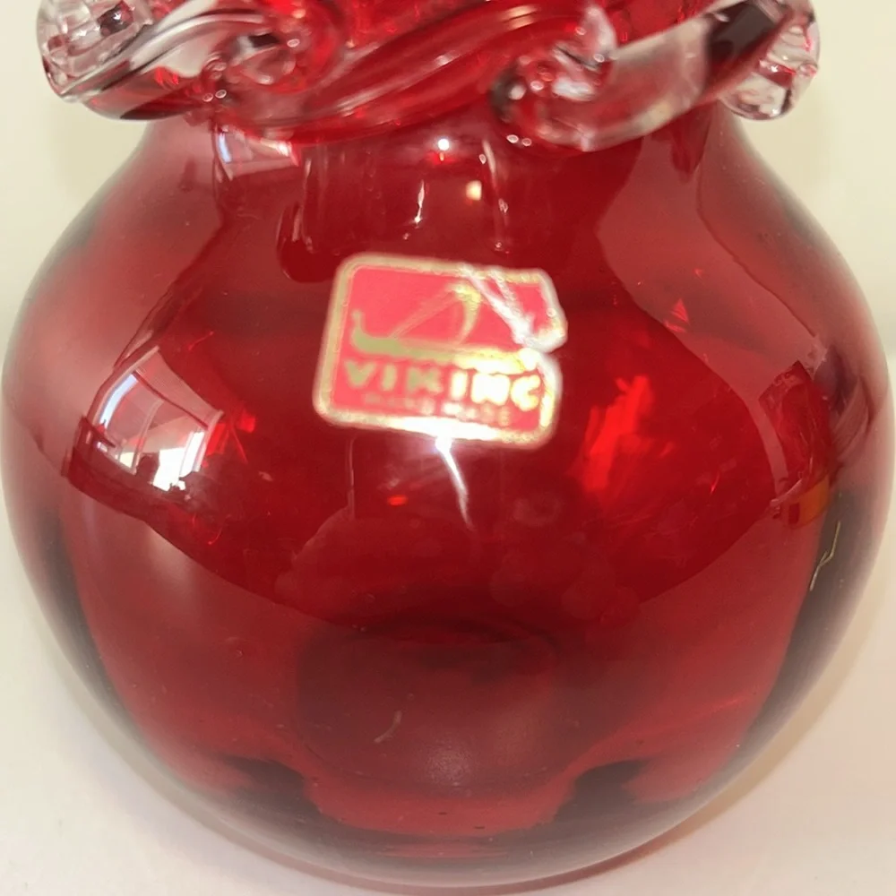 Viking Glass Ruby Red and Clear Ruffle Top Bud Glass Vase Marked
